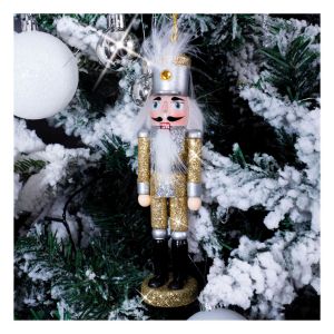 St Helens Nutcracker Christmas Tree Decoration. Silver Gold Hat