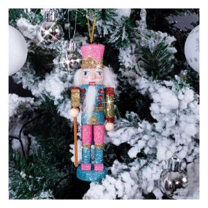 St Helens Nutcracker Christmas Tree Decoration. Pink Hat