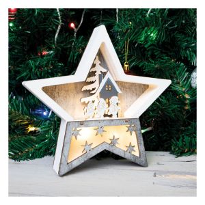 St Helens Battery Powered Wooden Light Up Christmas Star. White Grey