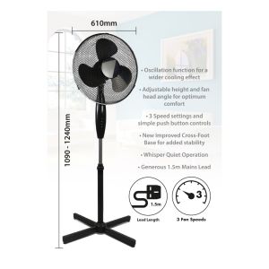 Prem I Air 16 Inch Oscillating Pedestal Fan with 3 Speeds Black #2