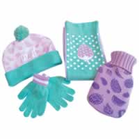 Childrens Hot Water Bottle Hat Scarf and Gloves Gift Set. Purple Green