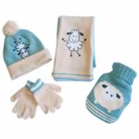 Childrens Hot Water Bottle Hat Scarf and Gloves Gift Set. Yellow Green