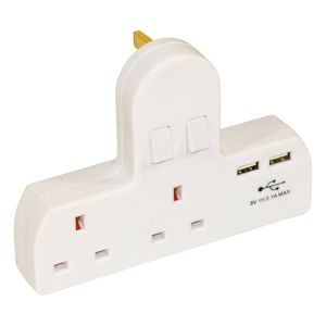 Two Gang Switched Mains Adaptor with 2 x USB Charging Points