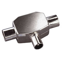 Nickel Coaxial T Splitter with Plug Input to 2 Line Socket Outputs