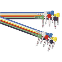 Coloured 6.35mm Mono Jack to Angled Jack Lead. 6 Pack 0.3m